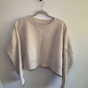 Cream Textured Crew Neck Sweater with Batwing Sleeves